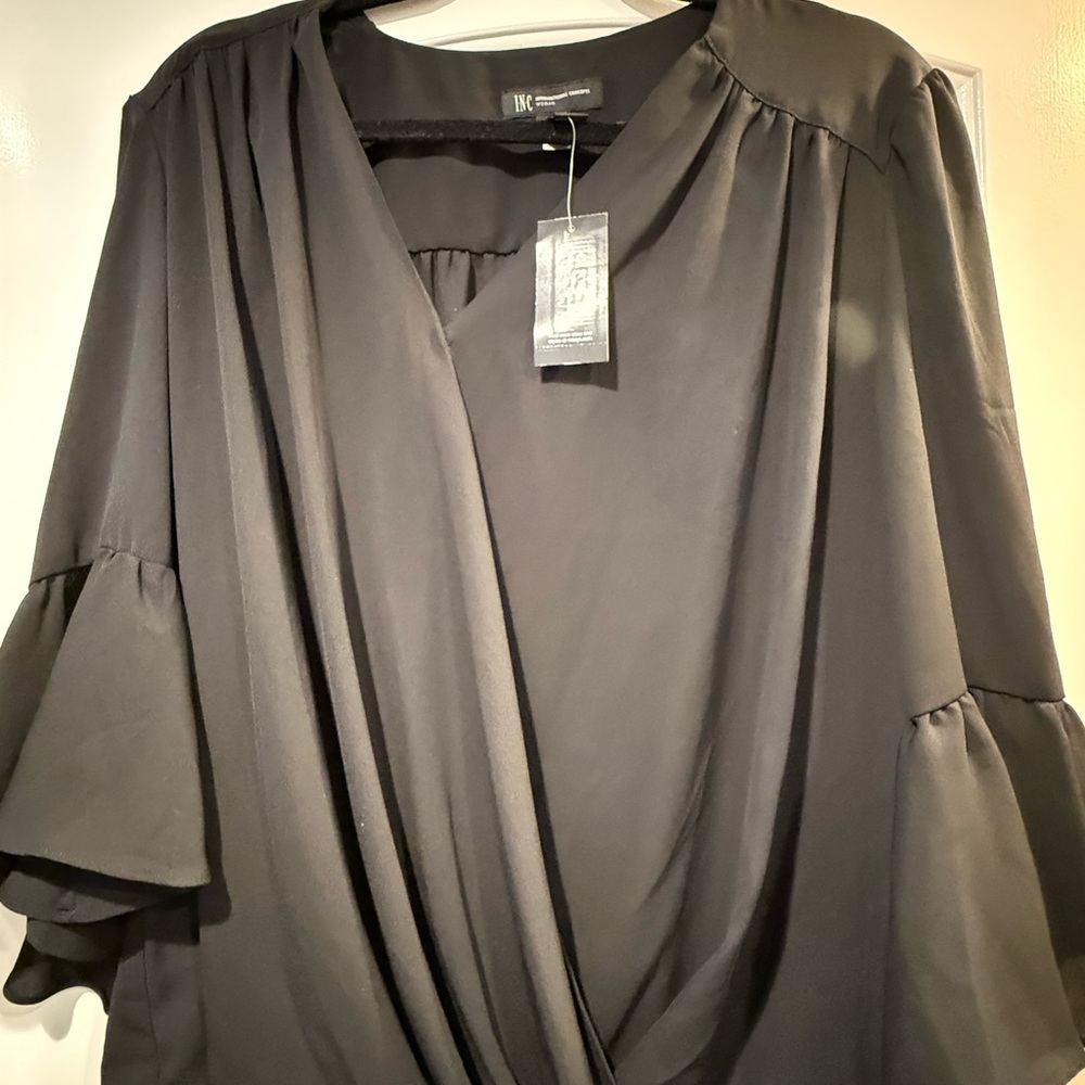 INC International Concepts Gray Wrap Blouse with Flutter Sleeves